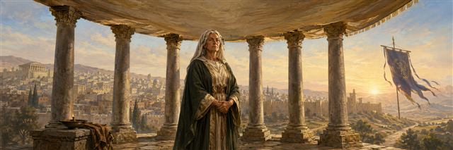 The steadfast mother stands among seven pillars as Eleazar's lamp and restored Jerusalem symbolize their shared witness